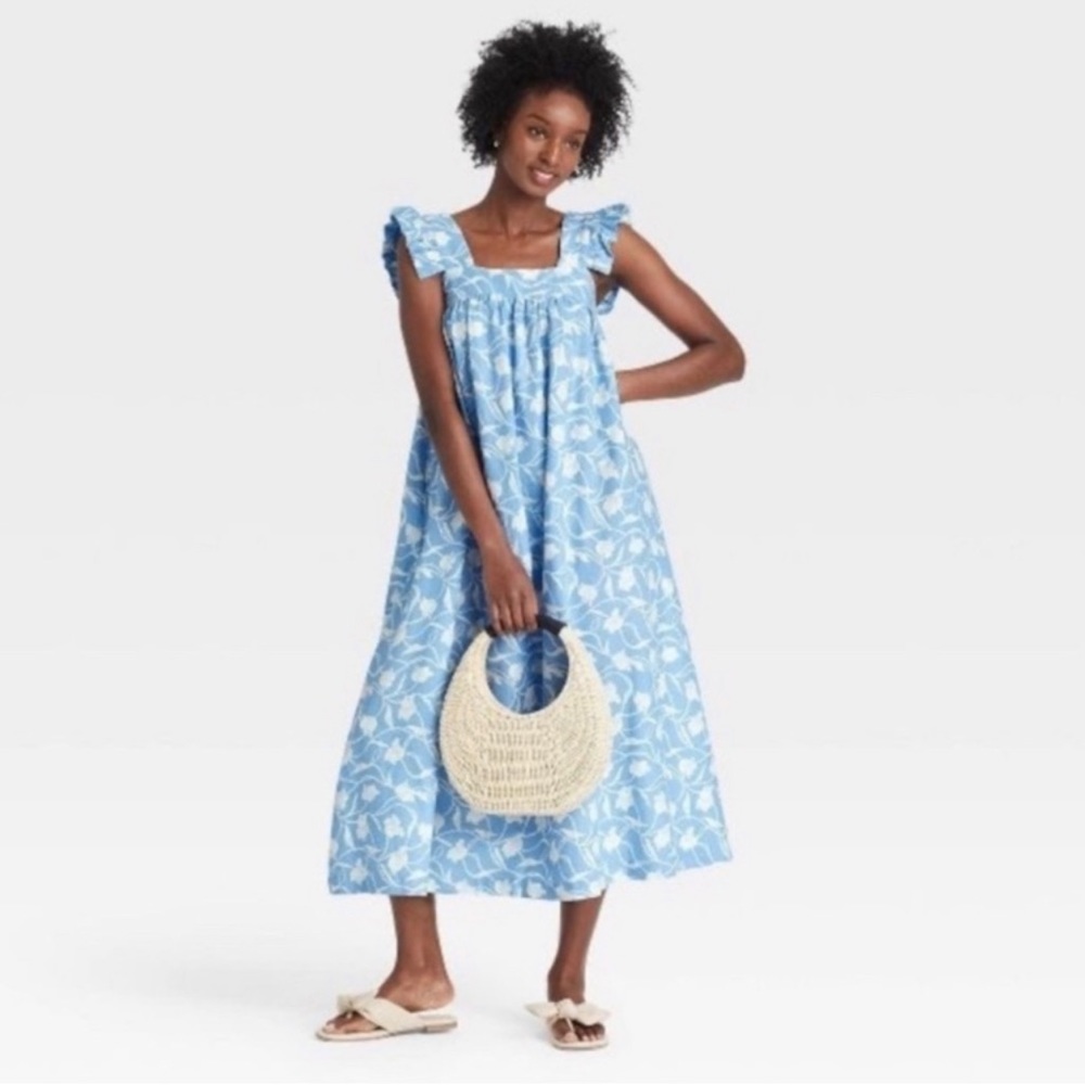 A new Day blue/white floral ruffled shoulder sleeveless loose fit dress. NWT S